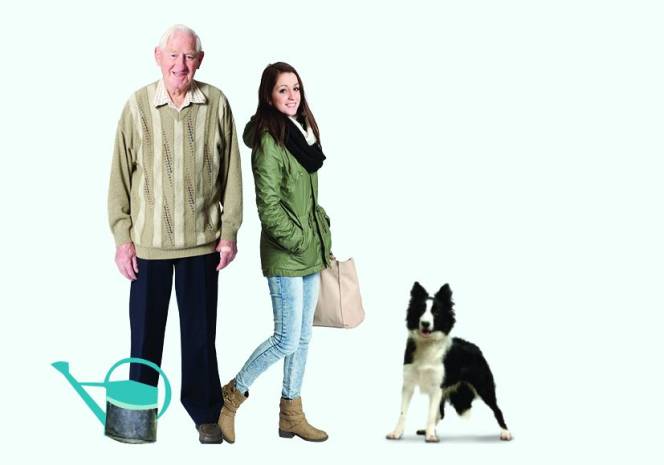 foto bij het product klussendienst. er staan twee mensen op, de oudere met een gieter en de jongere met een hond.