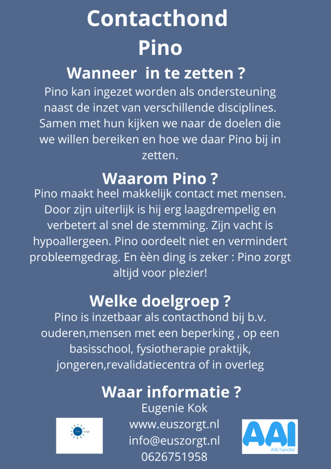 Flyer over het waarom en de meerwaarde van de inzet van contacthond Pino.