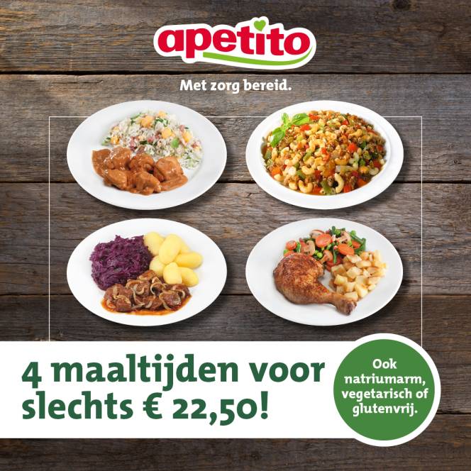 Wat uw woon- of eetsituatie ook is, bij apetito willen we u culinair verrassen. Laten genieten van gemak!
Van onze 130 vriesverse maaltijden kunt u er nu 4 proberen in een proefpakket voor slechts €22,50. Gratis aan huis bezorgd en zonder verdere verplichtingen.
Ga naar apetito-shop.nl/proefpakket of bel 088 - 2012 123 en maak uw keuze uit standaard, natriumarm, vegetarisch of glutenvrij! Eet smakelijk!