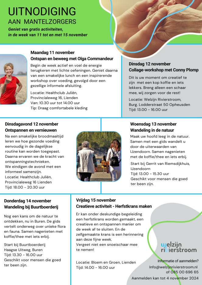 De keuze voor activiteiten staan in deze flyer.
We sturen u deze graag toe als u belangstelling heeft.