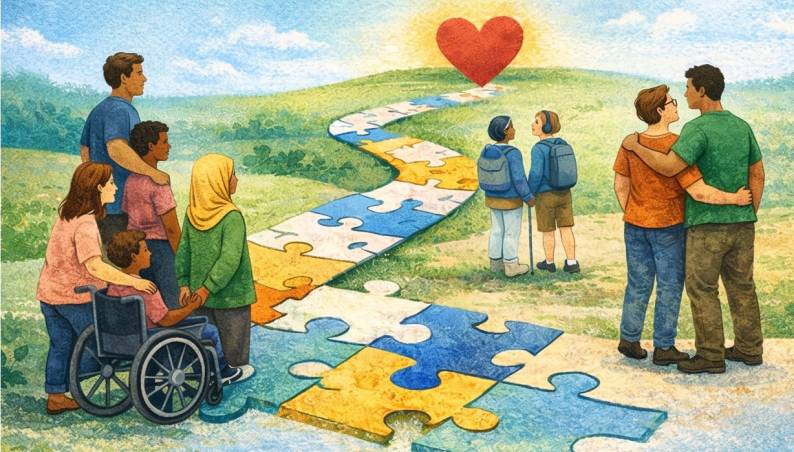 ouders en hun bijzondere kinderen lopen over een puzzelpad naar een rood hart