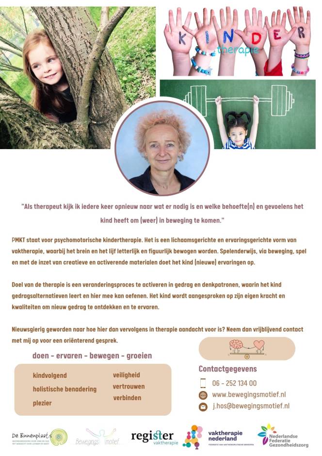 Flyer met informatie over mijn praktijk Bewegingsmotief en de vaktherapie psychomotorische kindertherapie. Met verwijzingen naar contactgegevens en mijn website.