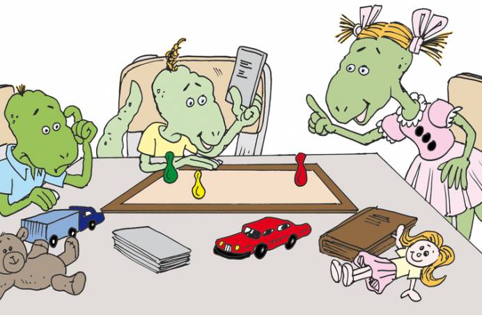 moeder- en 2 kinder dino`s aan tafel doen spelletjes