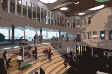 Decoratieve afbeelding: Een schets van centrale hal in het Van Lodenstein College Barneveld