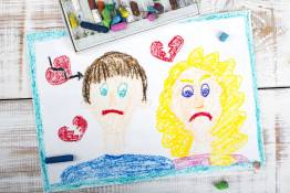 Decoratieve afbeelding: Een kindertekening over de scheiding van ouders waarop 2 mensen verdrietig kijken