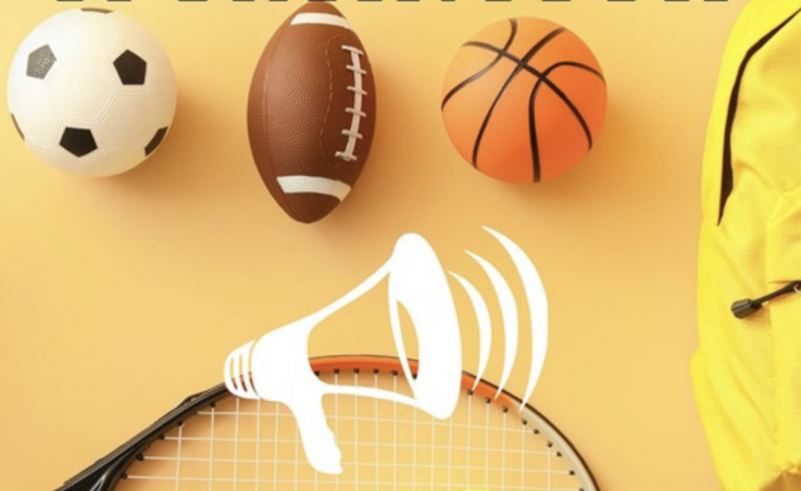 Plaatje met voetbal, rugbybal, basketbal, tennisraket en een tas met een microfoon