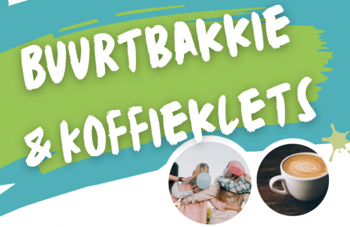 De tekst: 'buurtbakkie en koffieklets' en decoratieve afbeelding van een kopje koffie en vrolijke mensen.