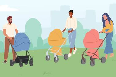 Decoratieve afbeelding: een getekende afbeelding van 3 ouders met een kinderwagen.